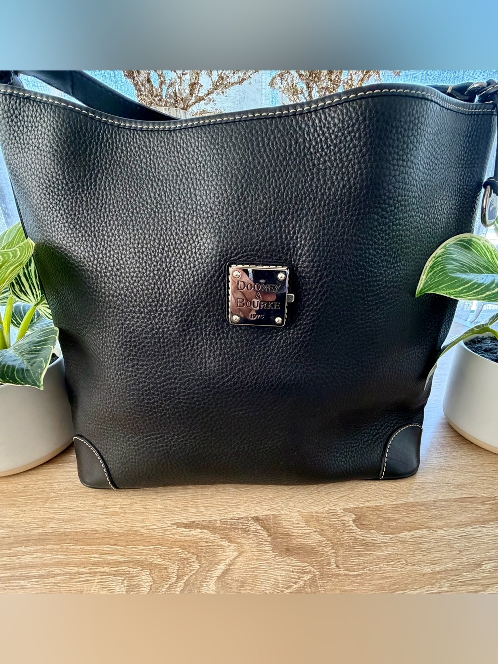 Dooney & Bourke Black Pebbled Leather Shopper Tote with Logo Plaque